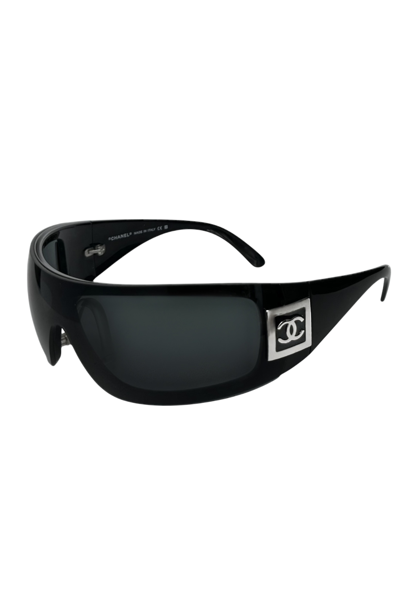 CHANEL VINTAGE LOGO WRAPAROUND SUNGLASSES — BLACK/SILVER