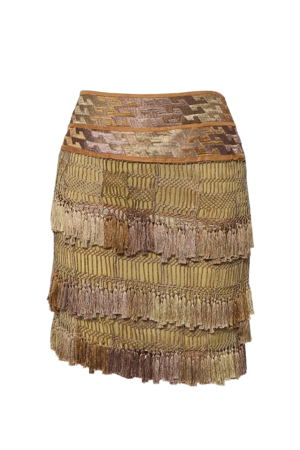 GUCCI S/S 2005 RUNWAY SILK TASSEL SKIRT — BROWN AND GREEN