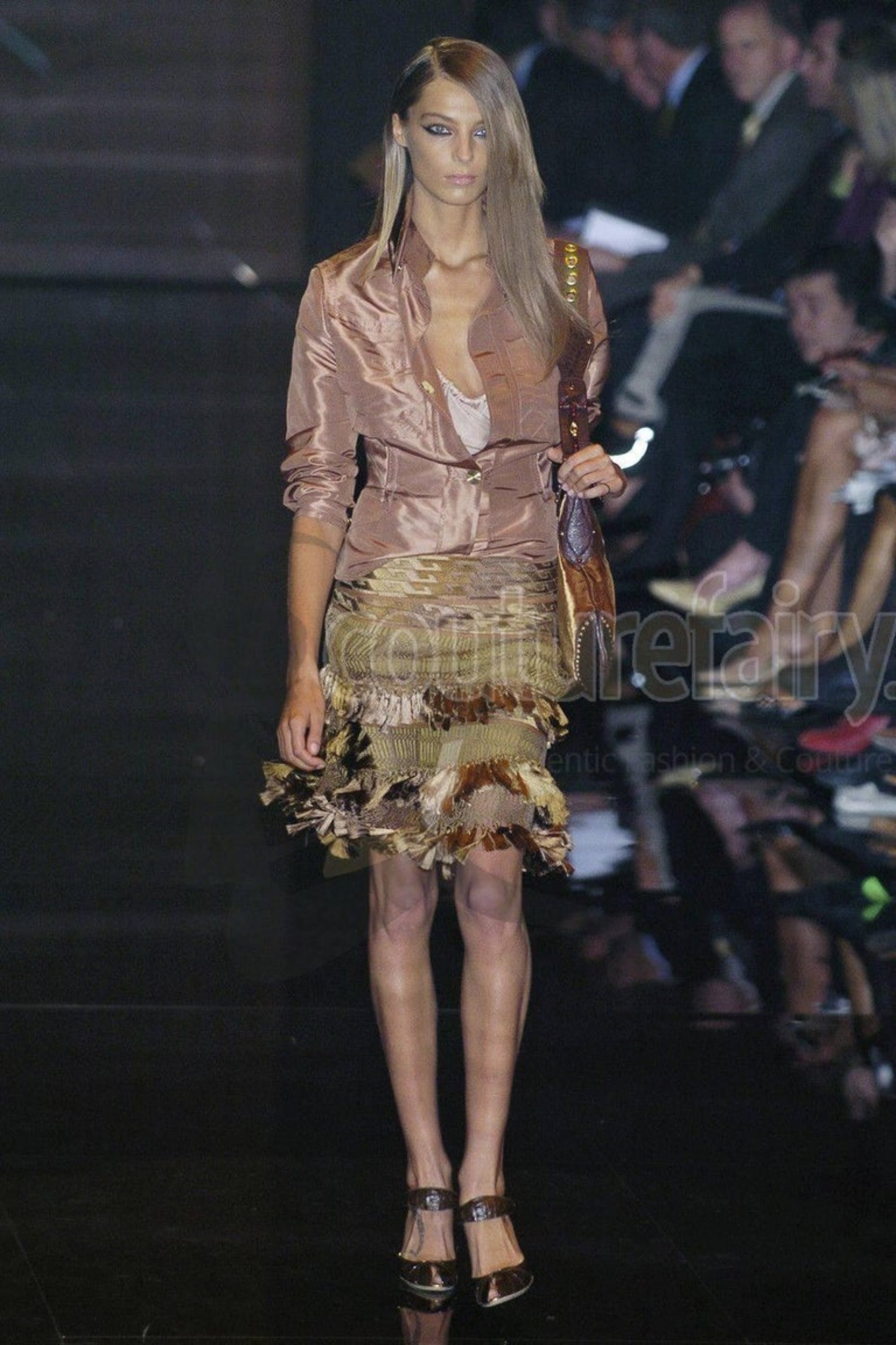 GUCCI S/S 2005 RUNWAY SILK TASSEL SKIRT — BROWN AND GREEN