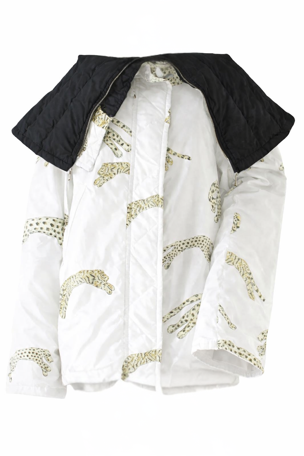 ROBERTO CAVALLI F/W 2002 CHEETAH LEOPARD / TIGER PRINT SILK PUFFER COAT — WHITE